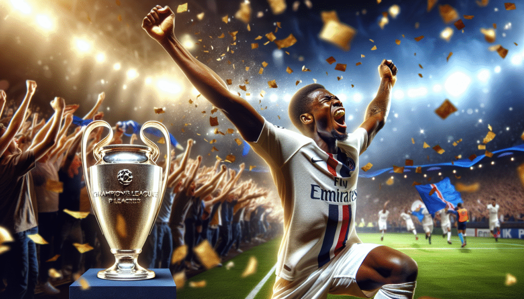 visuel Discover >1200px, Kylian Mbappé exultant sur la pelouse du stade après avoir marqué, le visage radieux, les bras levés en signe de victoire, sous une pluie de confettis dorés et bleus, le trophée de la Ligue des Champions scintillant à l'arrière-plan flou, des supporters en liesse dans les tribunes avec des drapeaux du PSG.