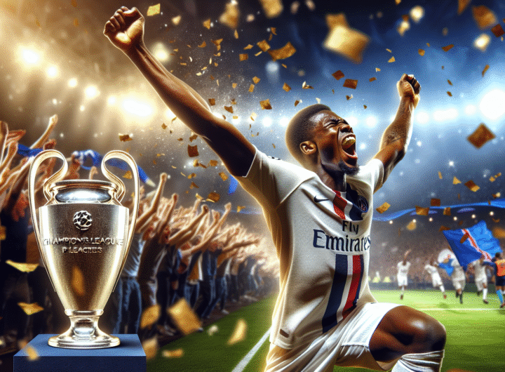 visuel Discover >1200px, Kylian Mbappé exultant sur la pelouse du stade après avoir marqué, le visage radieux, les bras levés en signe de victoire, sous une pluie de confettis dorés et bleus, le trophée de la Ligue des Champions scintillant à l'arrière-plan flou, des supporters en liesse dans les tribunes avec des drapeaux du PSG.
