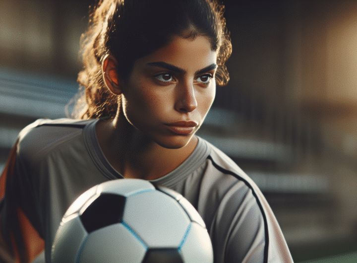 Photo ultra-réaliste d'Aitana Bonmati en pleine action, dribblant avec intensité sur un terrain de football, expression de détermination et de concentration.
