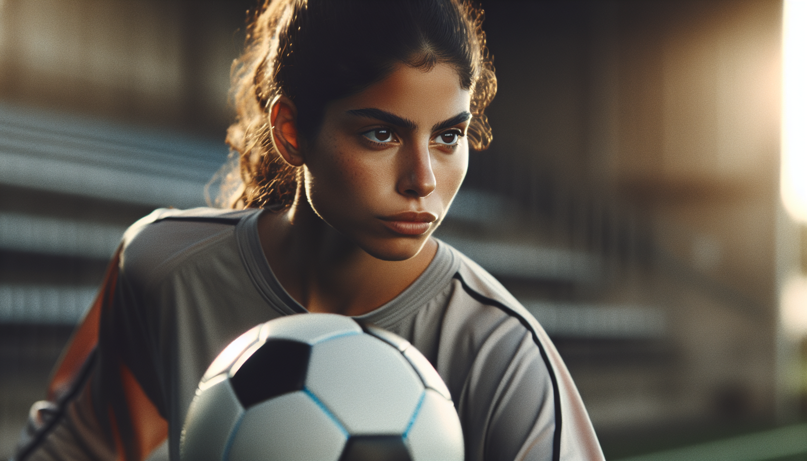 Photo ultra-réaliste d'Aitana Bonmati en pleine action, dribblant avec intensité sur un terrain de football, expression de détermination et de concentration.