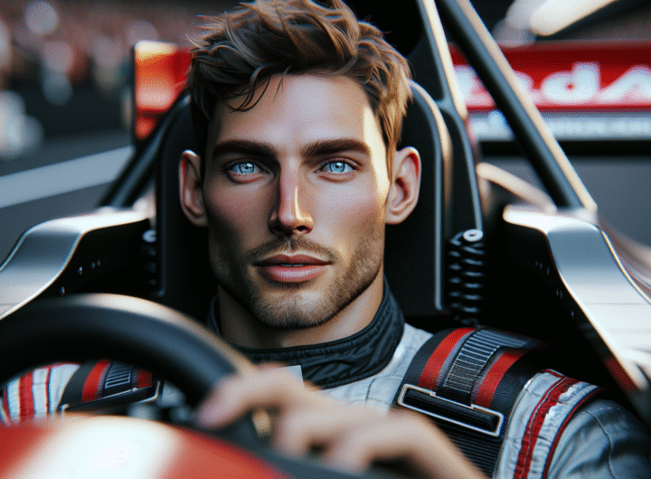 Image dynamique d'une monoplace de F1 avec l'acteur Brad Pitt en tenue de pilote, effet de vitesse, gros plan sur le cockpit, ambiance réaliste.