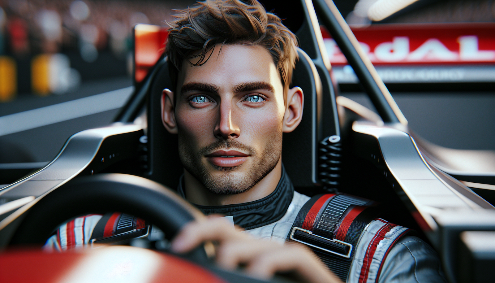 Image dynamique d'une monoplace de F1 avec l'acteur Brad Pitt en tenue de pilote, effet de vitesse, gros plan sur le cockpit, ambiance réaliste.