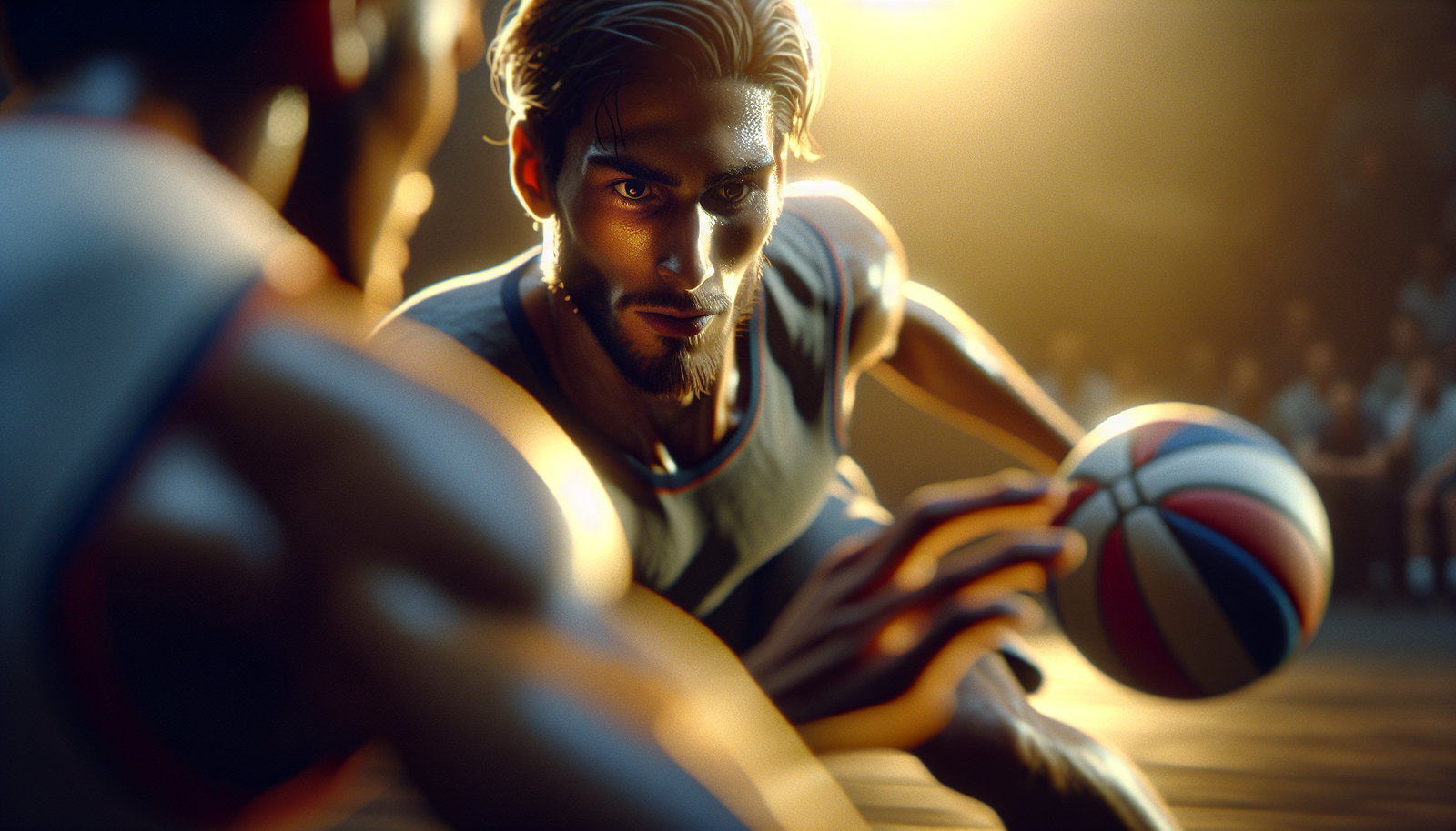 Photo d'action ultra-réaliste de Matthias Phaëton en pleine course, dribblant avec agilité un défenseur adverse, le regard fixé sur le ballon.