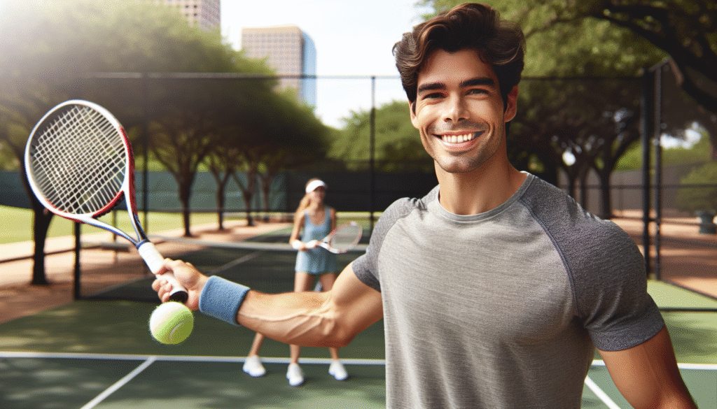 visuel Discover >1200px, Un joueur de tennis souriant sert sur un court public en excellent état, bordé d'arbres verdoyants sous un soleil éclatant à Dallas. L'ambiance est joyeuse et accessible, avec un autre joueur attendant en fond.