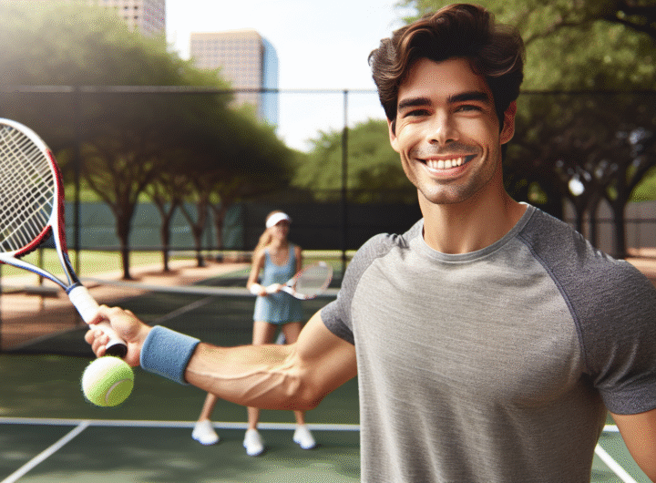 visuel Discover >1200px, Un joueur de tennis souriant sert sur un court public en excellent état, bordé d'arbres verdoyants sous un soleil éclatant à Dallas. L'ambiance est joyeuse et accessible, avec un autre joueur attendant en fond.