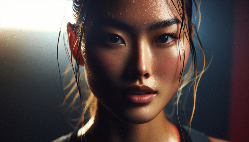 Gros plan sur le visage d'Emma Raducanu après un match difficile, transpirante mais avec une expression de résilience, le regard fixé au loin.