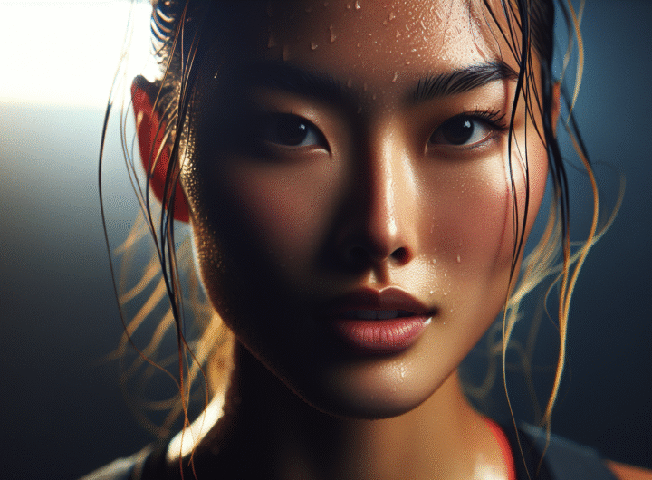 Gros plan sur le visage d'Emma Raducanu après un match difficile, transpirante mais avec une expression de résilience, le regard fixé au loin.