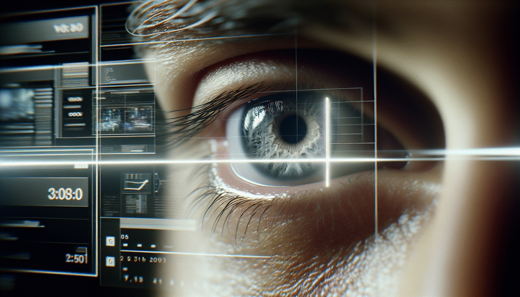 Gros plan sur un œil humain scrutant une ligne blanche, avec un écran numérique futuriste en arrière-plan, symbolisant la transition. Style photo-réaliste.