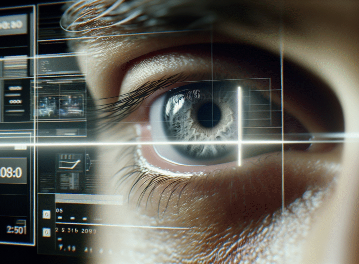 Gros plan sur un œil humain scrutant une ligne blanche, avec un écran numérique futuriste en arrière-plan, symbolisant la transition. Style photo-réaliste.