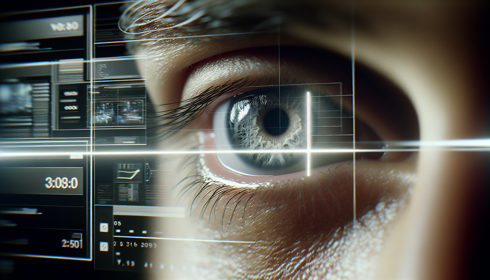 Gros plan sur un œil humain scrutant une ligne blanche, avec un écran numérique futuriste en arrière-plan, symbolisant la transition. Style photo-réaliste.