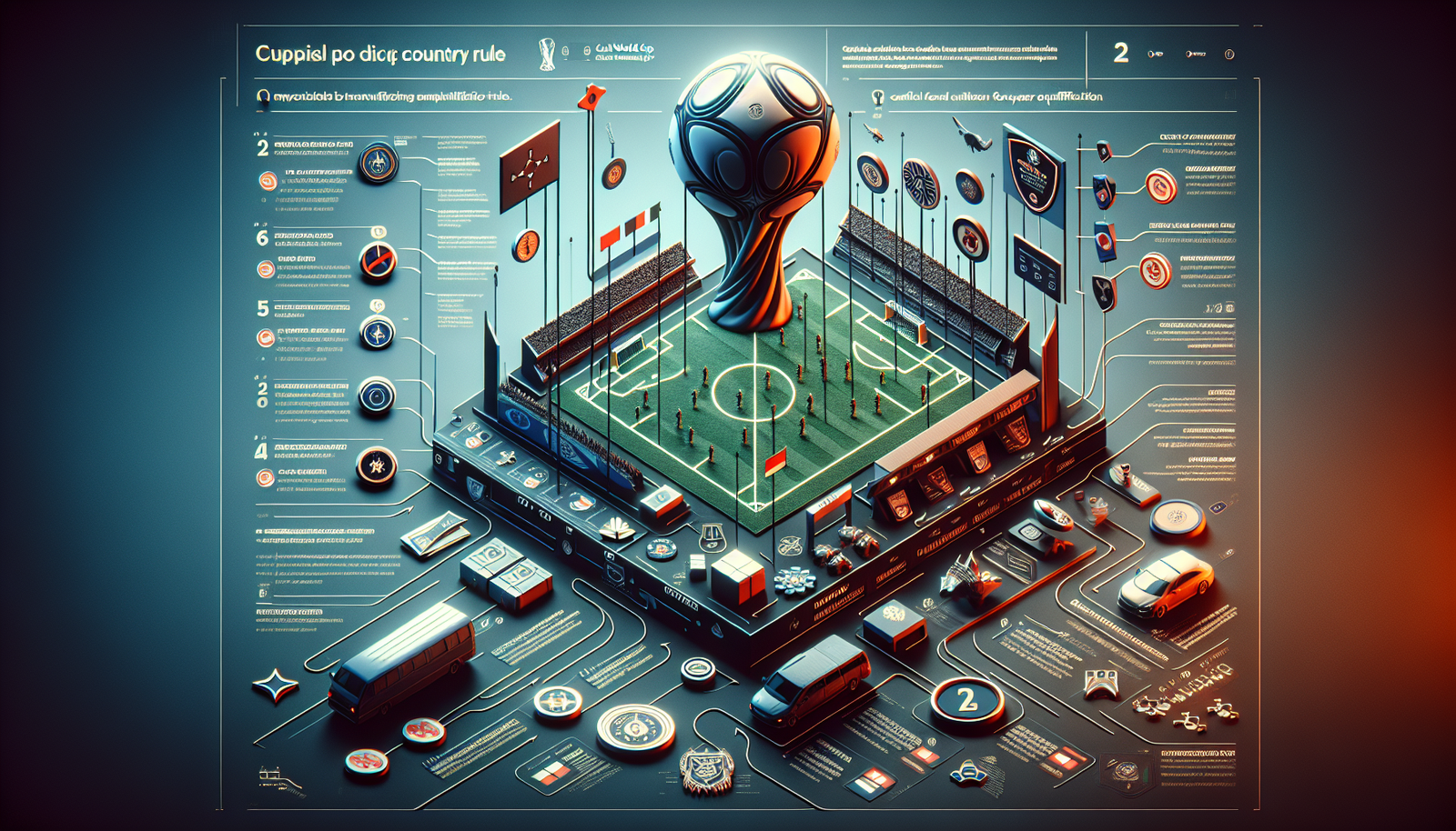 Un graphique d'infographie épuré et clair expliquant visuellement la "règle des deux clubs par pays" et le système de qualification sur quatre ans pour la Coupe du Monde des Clubs, avec des flèches et des icônes pour chaque critère.