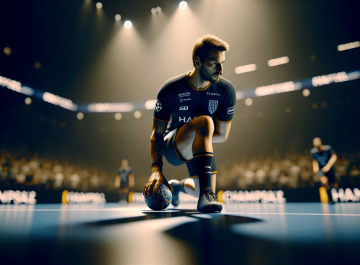 Photo d'action ultra-réaliste d'un joueur du HBC Nantes en pleine lutte, visage concentré, lors d'un match de Ligue des Champions, ambiance tendue.