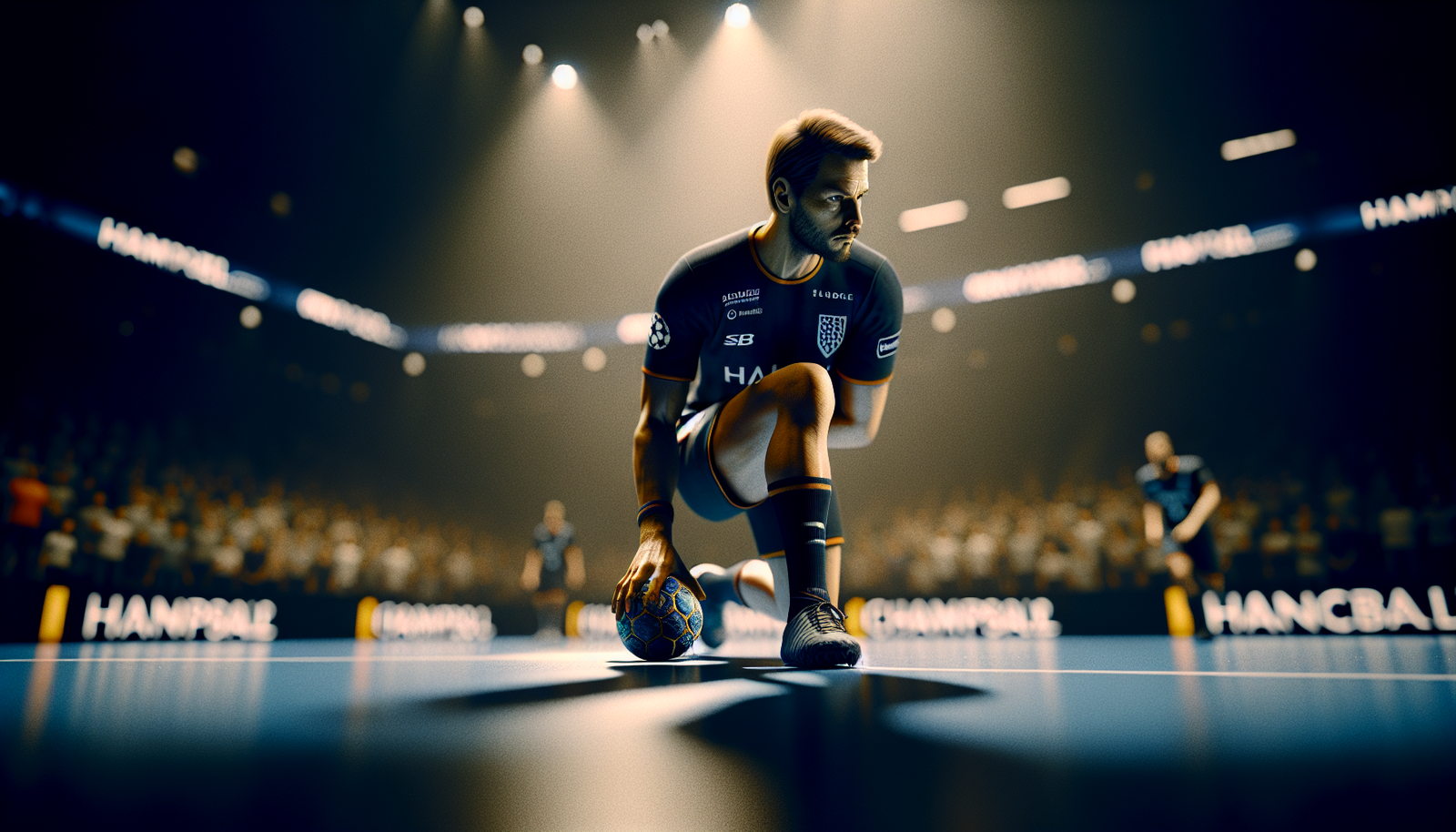 Photo d'action ultra-réaliste d'un joueur du HBC Nantes en pleine lutte, visage concentré, lors d'un match de Ligue des Champions, ambiance tendue.