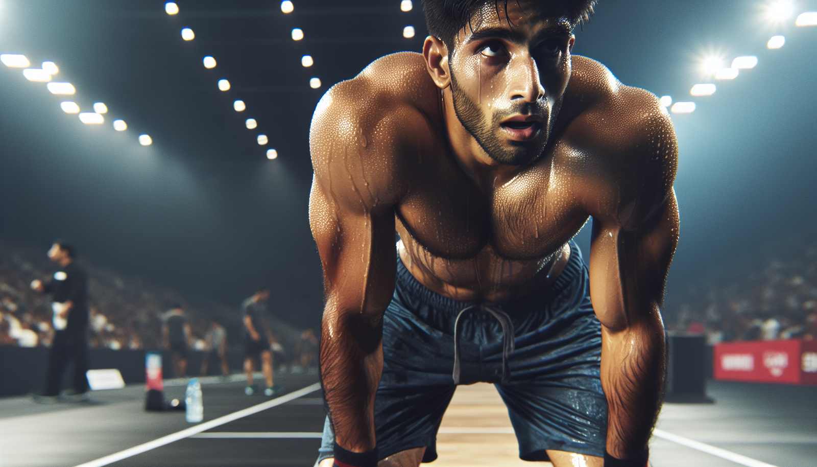 Sportif les mains sur les genoux, épuisé mais avec une expression de détermination, juste après avoir accompli un effort surhumain