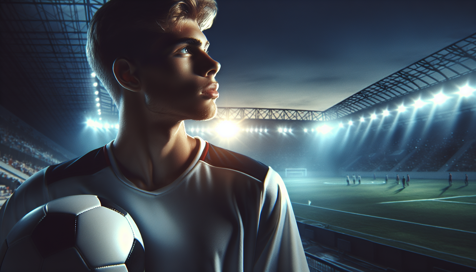 Image inspirante et cinématographique d'un jeune joueur de football, le regard déterminé, regardant un stade professionnel illuminé au crépuscule, un ballon de football sous le bras, symbolisant l'ambition et l'avenir.