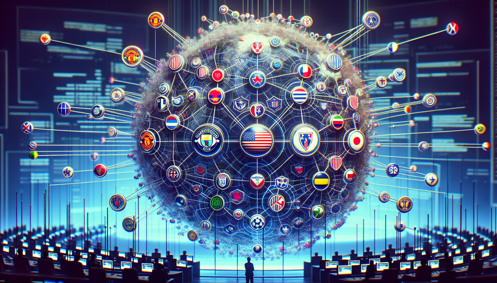 Graphique stylisé et futuriste montrant des connexions complexes entre plusieurs logos de clubs de football et des drapeaux américains, illustrant le concept de propriété multi-clubs et d'investissement international.