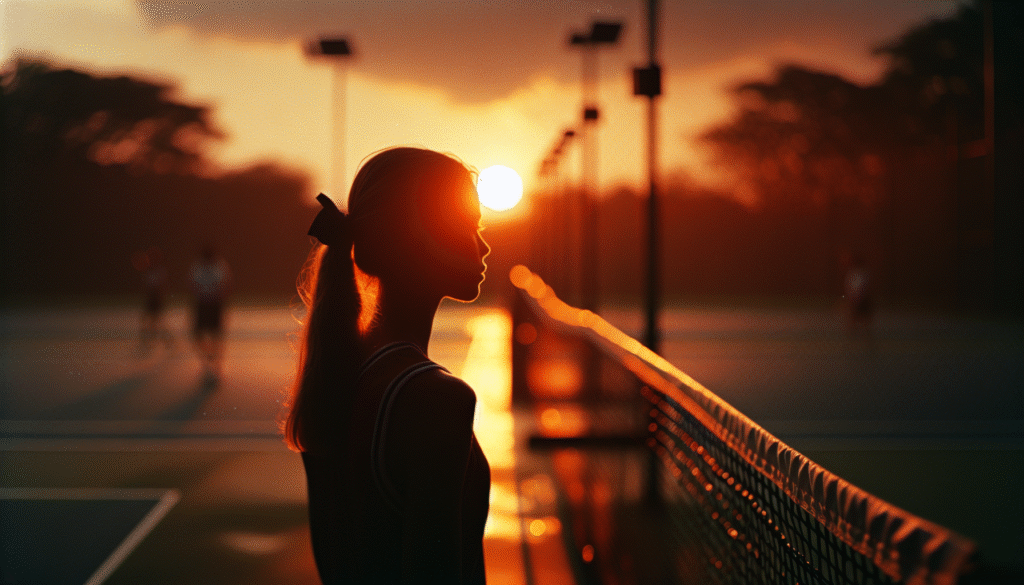 Photo d'une joueuse de tennis, silhouette, face à un coucher de soleil sur le court, évoquant la réflexion et le futur. Style cinématographique.