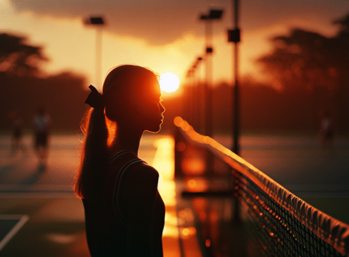 Photo d'une joueuse de tennis, silhouette, face à un coucher de soleil sur le court, évoquant la réflexion et le futur. Style cinématographique.