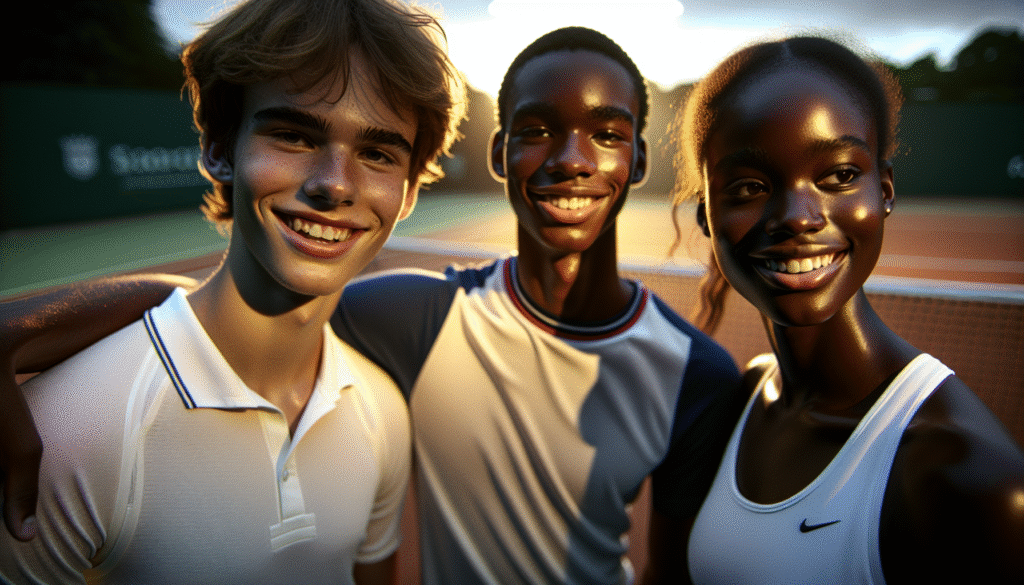 Une photo dynamique des trois jeunes joueuses britanniques (Mika Stojsavljevic, Hannah Klugman, Mimi Xu) souriantes et confiantes sur un court de tennis de Wimbledon, symbolisant la nouvelle génération.