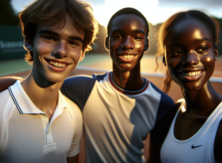 Une photo dynamique des trois jeunes joueuses britanniques (Mika Stojsavljevic, Hannah Klugman, Mimi Xu) souriantes et confiantes sur un court de tennis de Wimbledon, symbolisant la nouvelle génération.