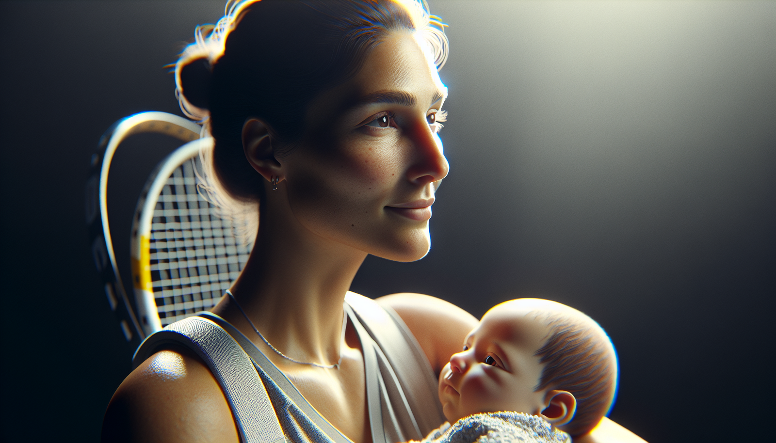 Illustration moderne et stylisée d'une joueuse de tennis avec un bébé dans les bras, symbolisant l'équilibre carrière-famille. Couleurs douces mais dynamiques.