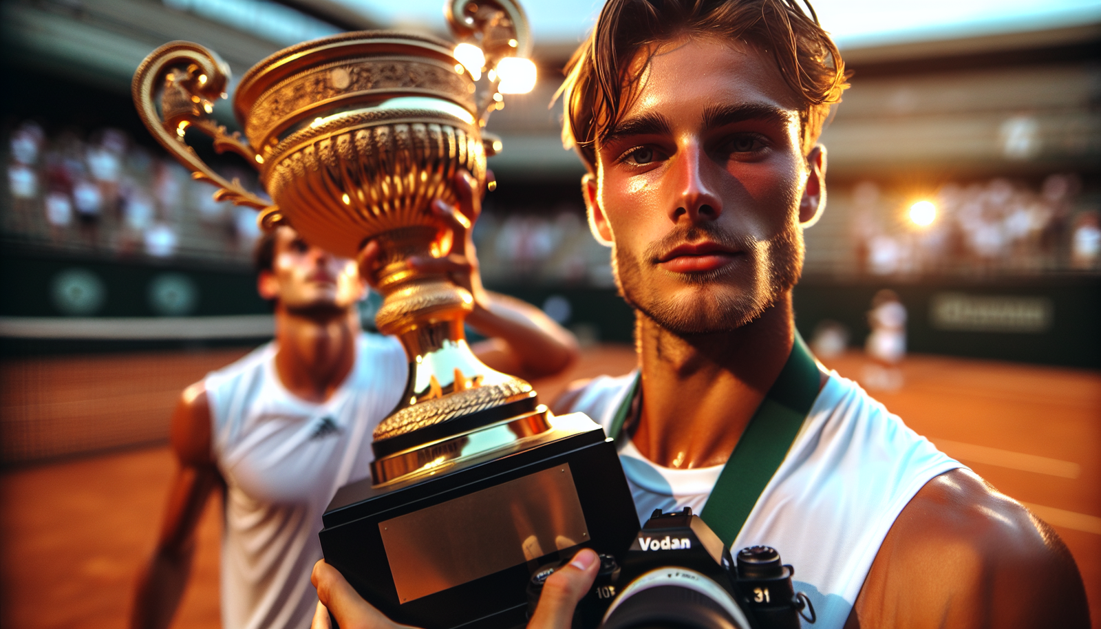 gros plan sur Andy Murray brandissant le trophée de Wimbledon en 2013, émotion intense, Novak Djokovic en arrière-plan avec une expression de déception, lumière naturelle