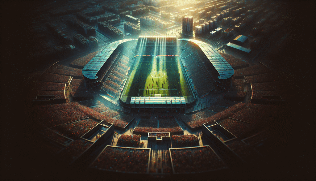 Vue aérienne dynamique du Stade de Gran Canaria un jour de match, avec des couleurs vives et une ambiance vibrante.