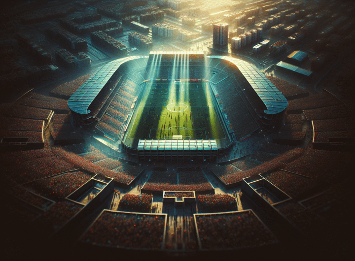 Vue aérienne dynamique du Stade de Gran Canaria un jour de match, avec des couleurs vives et une ambiance vibrante.