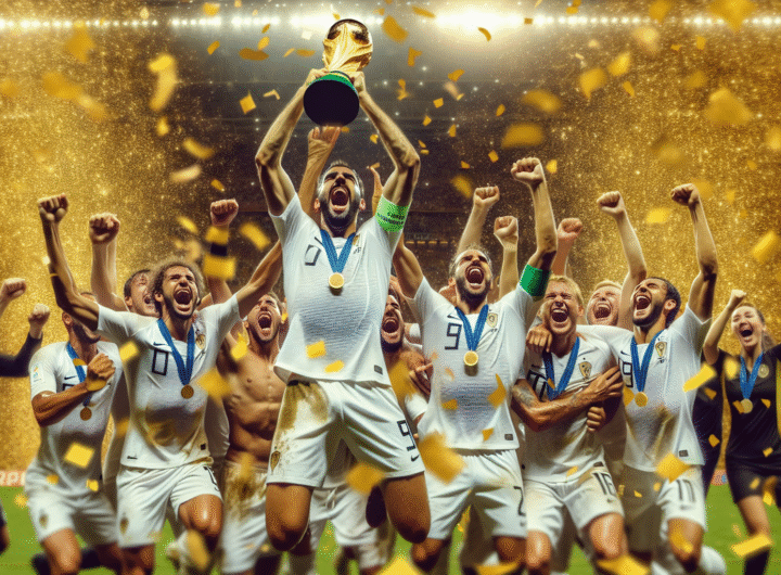 Visuel Discover >1200px, représentant une scène de joie explosive des joueurs du PSG, soulevant le trophée de la Ligue des Champions sous une pluie de confettis dorés. Leurs visages rayonnent de fierté et d'émotion pure, dans une ambiance de stade électrique et triomphante.