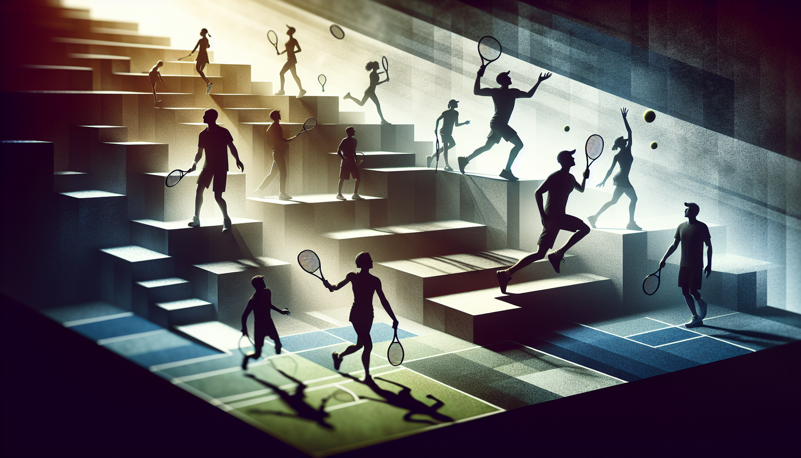 Une image abstraite ou conceptuelle représentant l'ascension du tennis britannique, avec des silhouettes de joueurs en mouvement sur un terrain stylisé, symbolisant l'avenir et le succès.