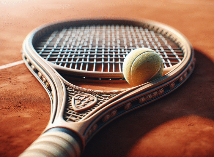 Gros plan sur le logo emblématique de Roland-Garros, avec une terre battue immaculée en arrière-plan, symbolisant la tradition et l'histoire du tournoi.