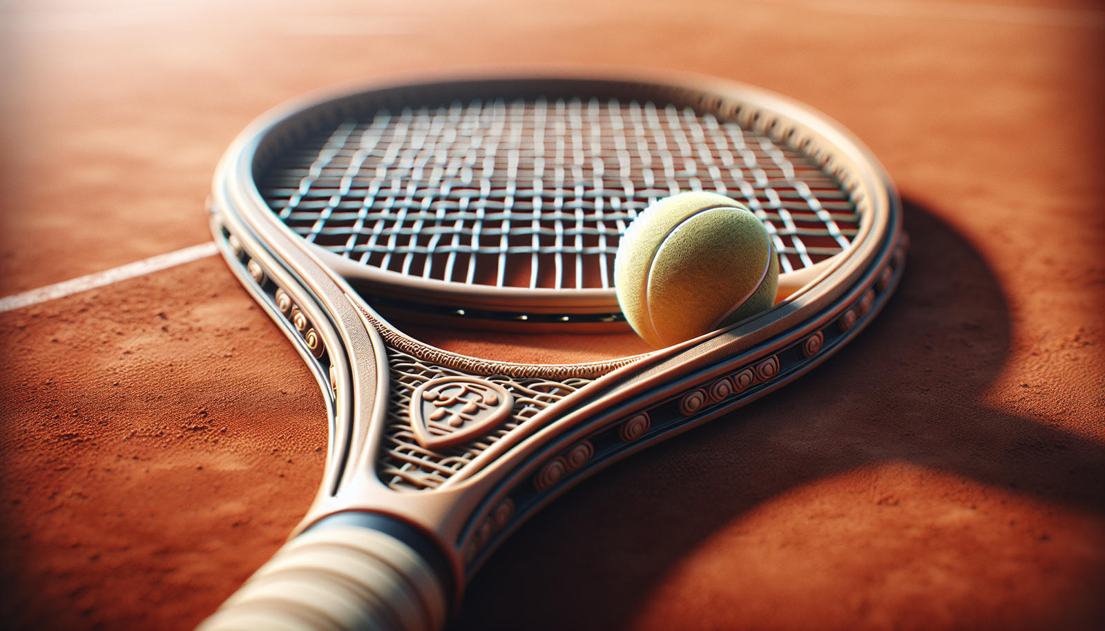 Gros plan sur le logo emblématique de Roland-Garros, avec une terre battue immaculée en arrière-plan, symbolisant la tradition et l'histoire du tournoi.