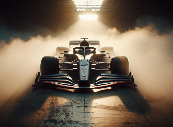 Photo d'action ultra-réaliste d'une monoplace de F1 futuriste sortant d'une brume lumineuse, symbolisant l'anticipation de la saison 2025.