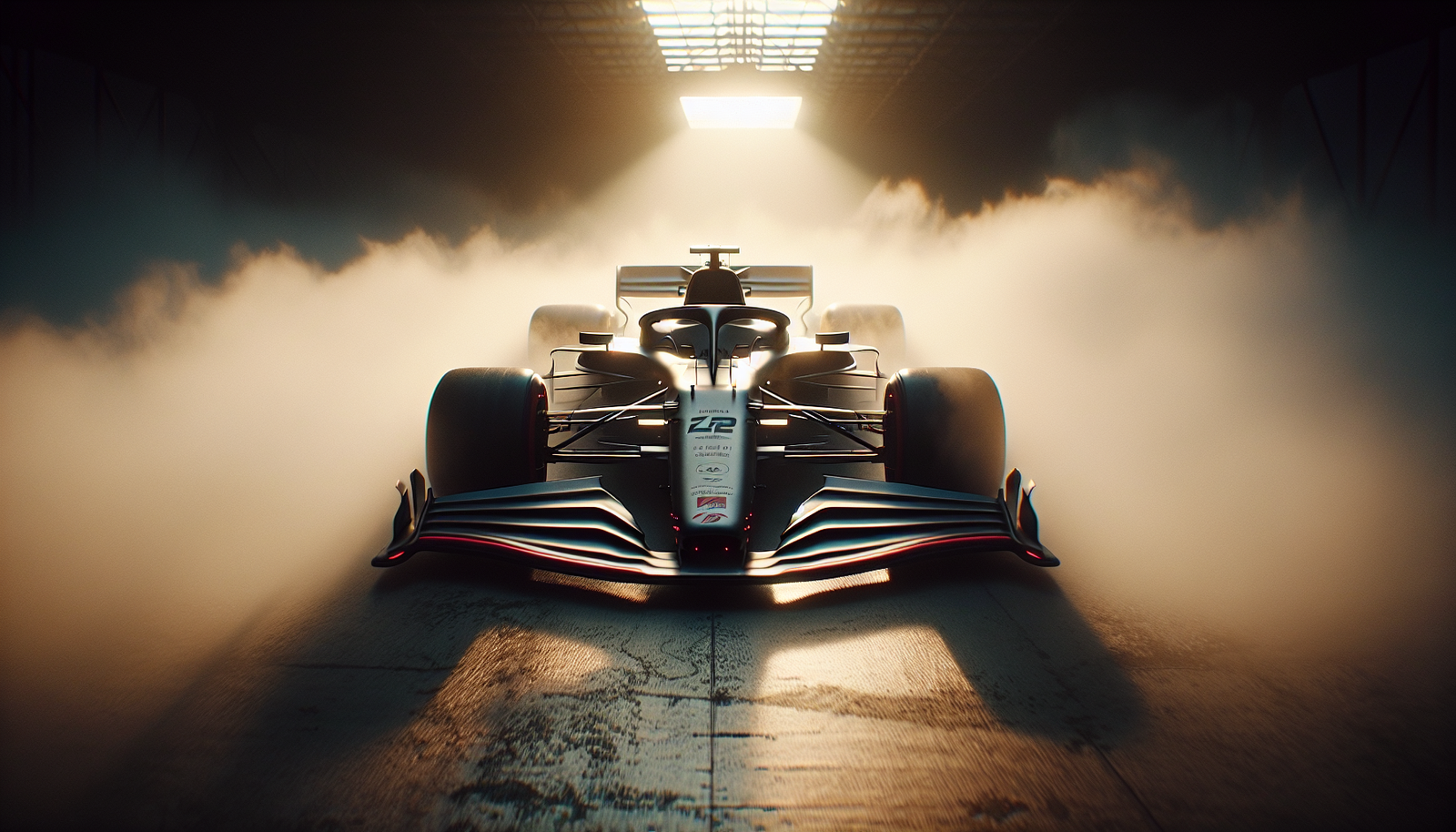 Photo d'action ultra-réaliste d'une monoplace de F1 futuriste sortant d'une brume lumineuse, symbolisant l'anticipation de la saison 2025.