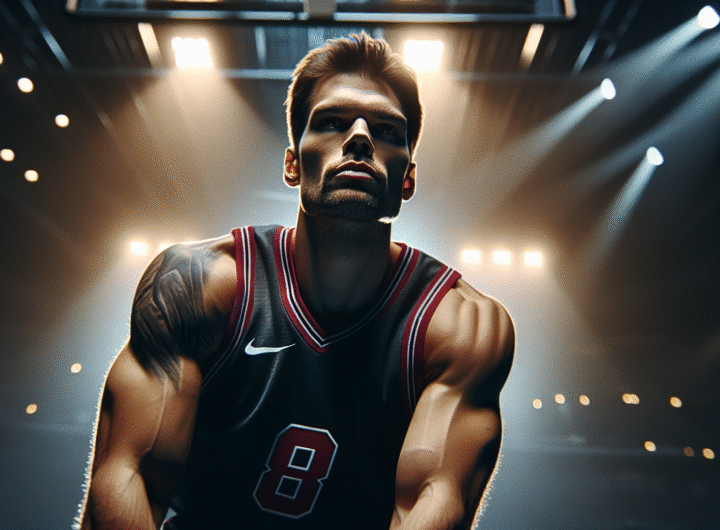 Photo d'action ultra-réaliste de LeBron James en plein dunk, l'expression déterminée, maillot des Lakers, sous les projecteurs d'une arène.