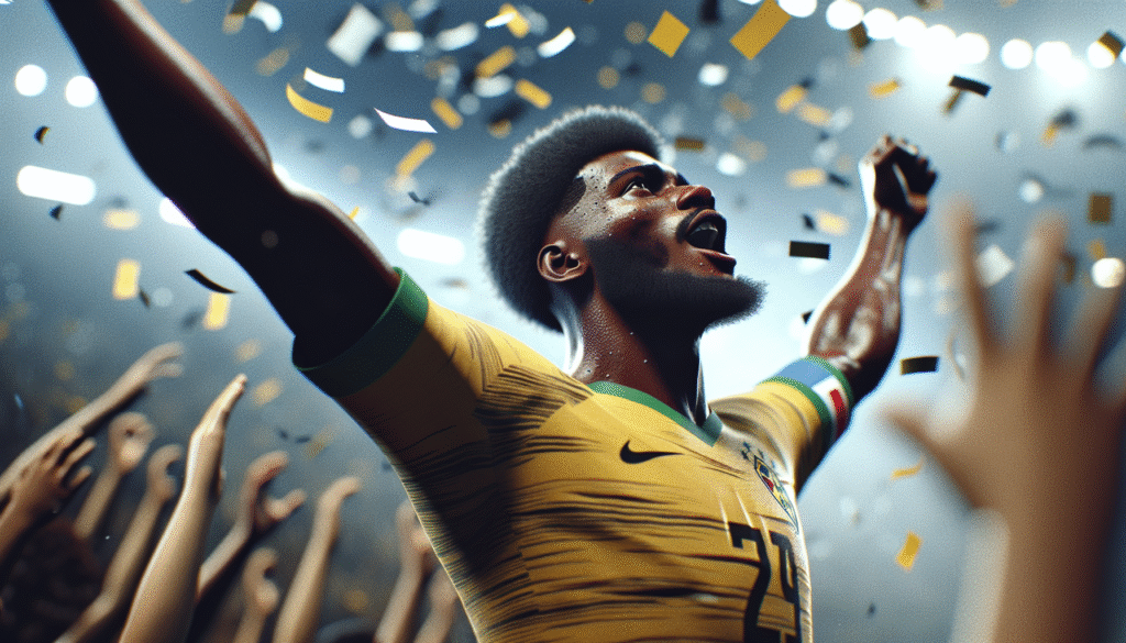 Photo d'action ultra-réaliste de Kylian Mbappé célébrant un but décisif avec le maillot du PSG, les bras levés vers le ciel dans un stade bondé, des confettis tombant autour de lui.