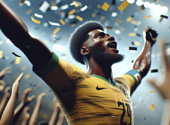 Photo d'action ultra-réaliste de Kylian Mbappé célébrant un but décisif avec le maillot du PSG, les bras levés vers le ciel dans un stade bondé, des confettis tombant autour de lui.