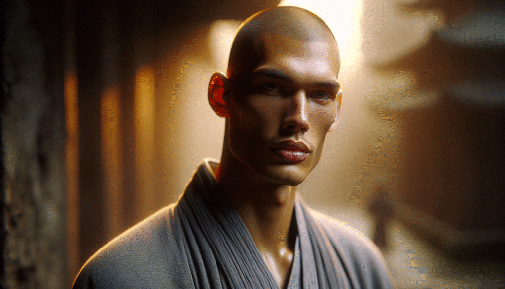 Photo ultra-réaliste de Victor Wembanyama avec un crâne rasé et une tenue de moine gris, dans un environnement asiatique ancien, regard intense et serein.