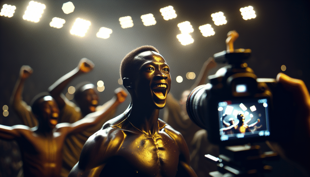 Photo d'action ultra-réaliste d'Eberechi Eze célébrant son but décisif, le visage illuminé, face à des joueurs de Tottenham abattus en arrière-plan.