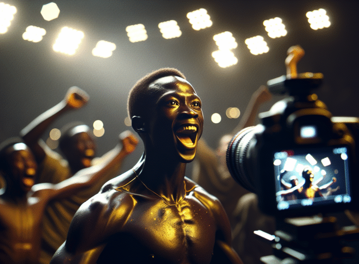 Photo d'action ultra-réaliste d'Eberechi Eze célébrant son but décisif, le visage illuminé, face à des joueurs de Tottenham abattus en arrière-plan.