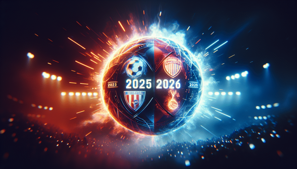 Logo du Classique PSG-OM stylisé avec les dates clés 2025/2026 en arrière-plan, ambiance électrique, couleurs des deux clubs se mêlant.