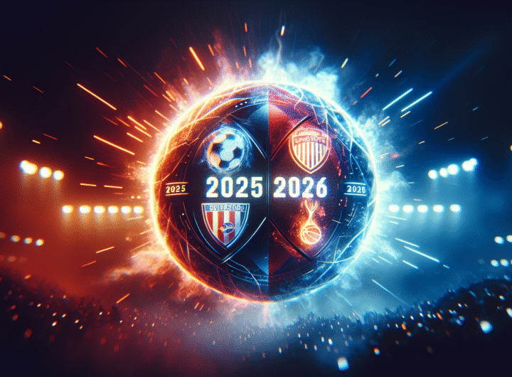 Logo du Classique PSG-OM stylisé avec les dates clés 2025/2026 en arrière-plan, ambiance électrique, couleurs des deux clubs se mêlant.