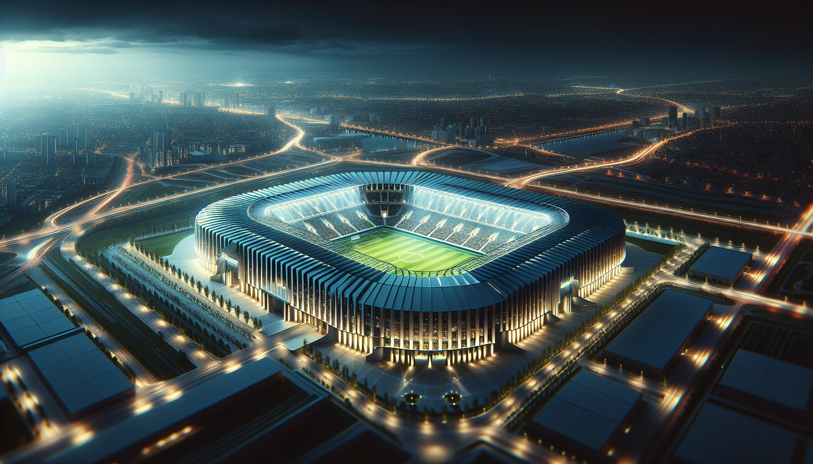 Vue aérienne du futur stade de l'Inter Miami, design moderne et élégant, avec des lumières vives la nuit. Perspective immersive.