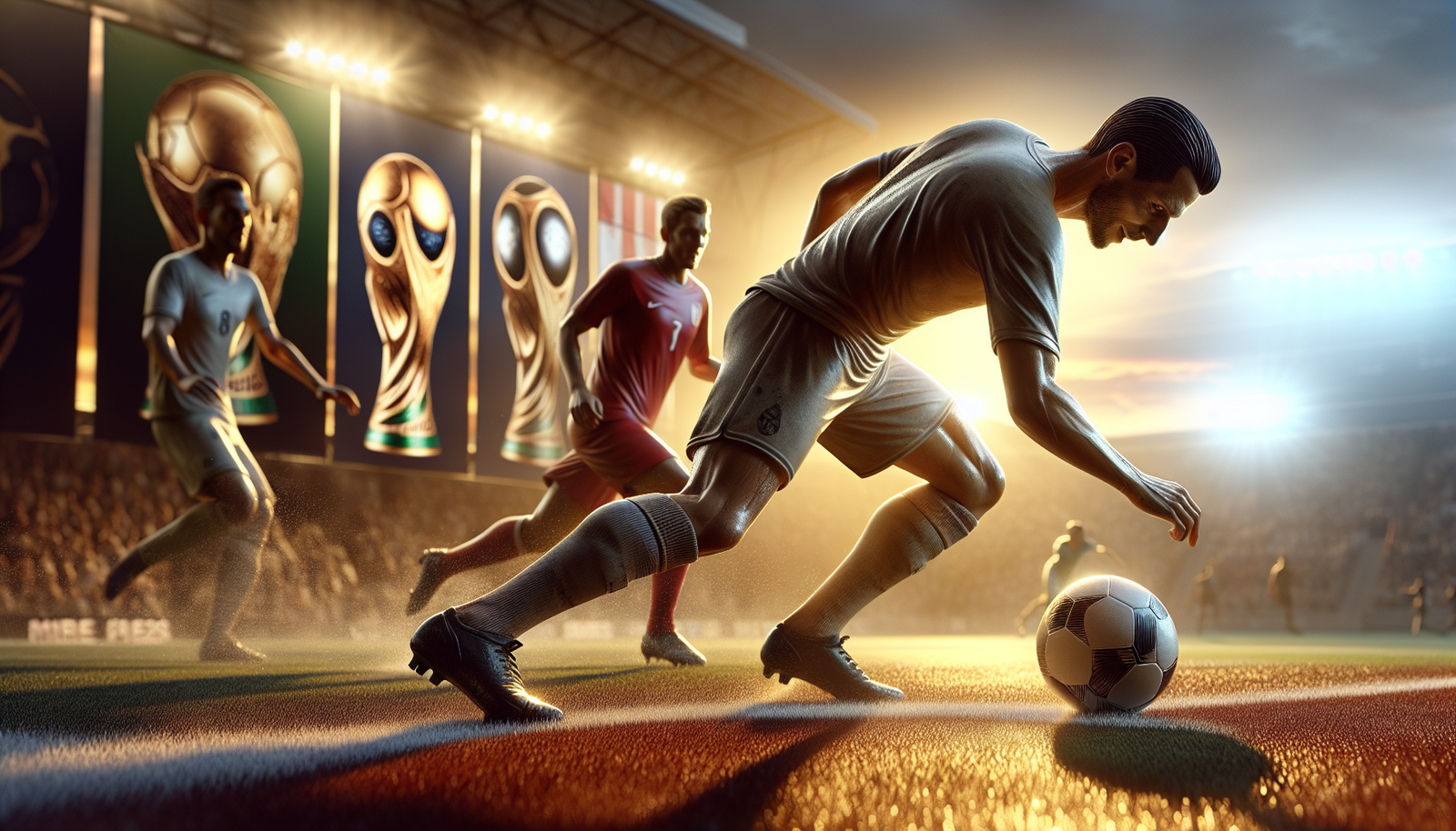 Joueurs du PSG en action lors d'un match intense, avec en arrière-plan des symboles flous de la Coupe du Monde des Clubs et de la Super Coupe de l'UEFA, ambiance de défi à relever, lumière vive.