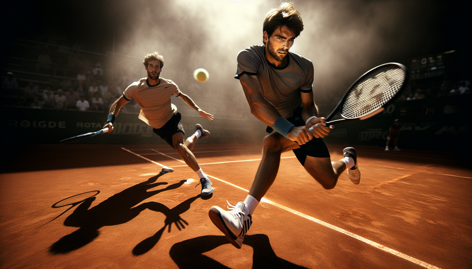 Photo d'action ultra-réaliste de Carlos Alcaraz et Jannik Sinner en plein échange, les deux joueurs concentrés et en mouvement rapide sur la terre battue.
