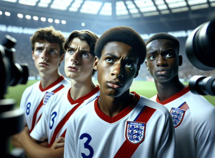 Une photo d'action ultra-réaliste de joueurs anglais avec des expressions de doute ou de frustration après un match, le stade en arrière-plan flou.
