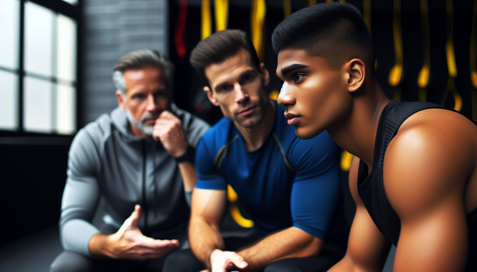 Coach sportif et psychologue discutant avec un athlète dans un cadre de préparation, concentration sur le visage de l'athlète