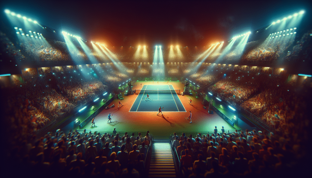 Vue panoramique d'un court de tennis bondé, avec une ambiance électrique, projecteurs allumés. Style: photo d'action dynamique, couleurs vives