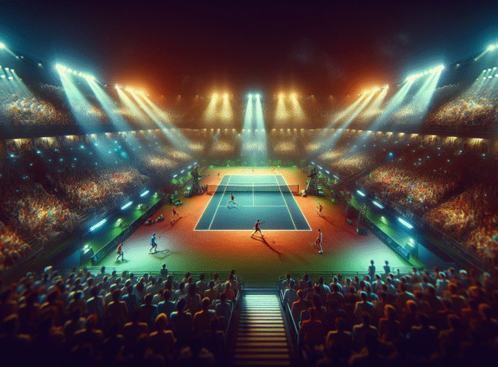 Vue panoramique d'un court de tennis bondé, avec une ambiance électrique, projecteurs allumés. Style: photo d'action dynamique, couleurs vives