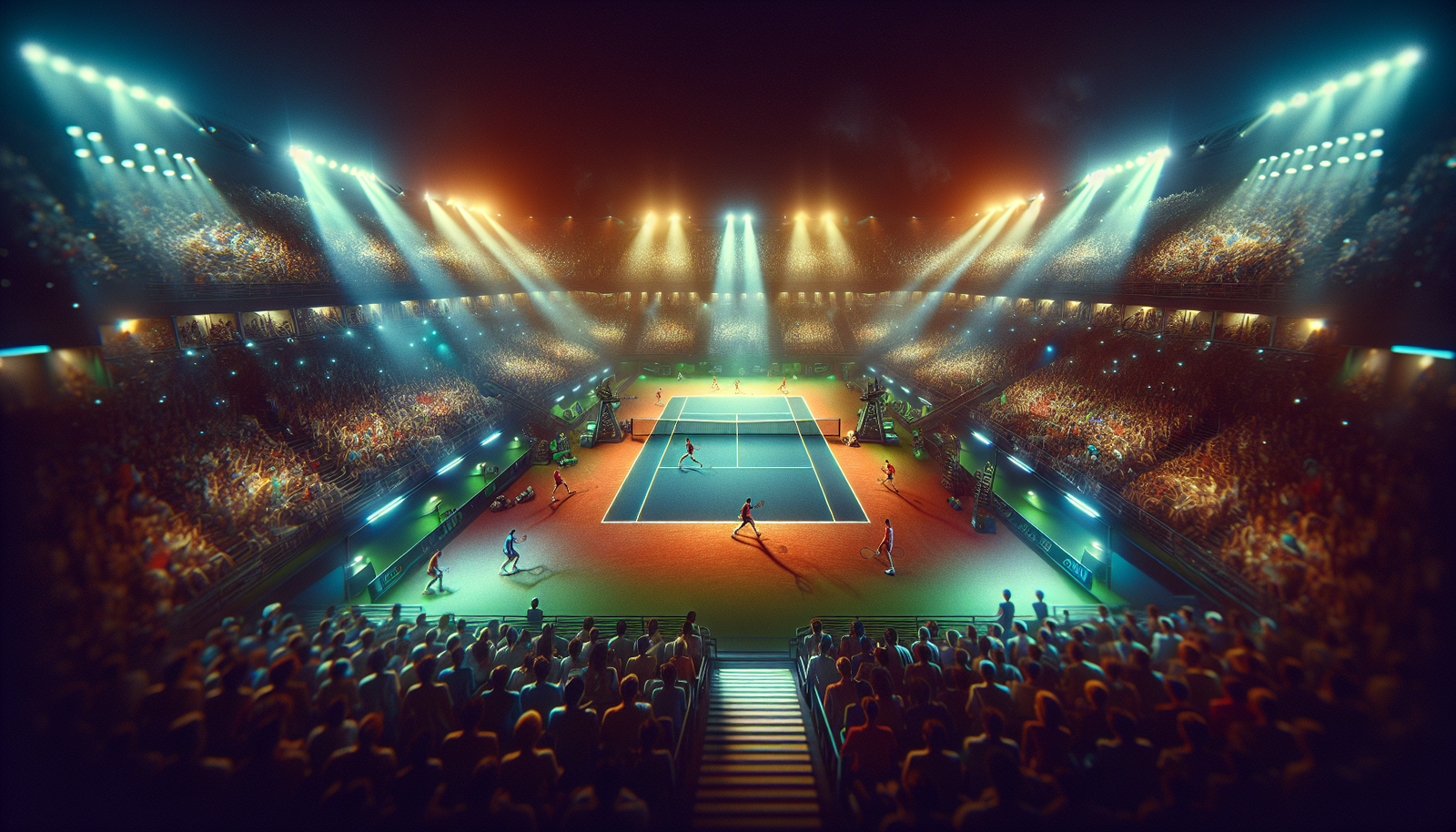 Vue panoramique d'un court de tennis bondé, avec une ambiance électrique, projecteurs allumés. Style: photo d'action dynamique, couleurs vives